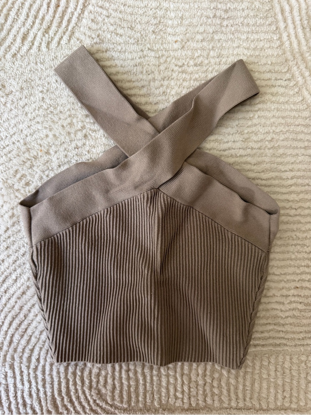 Babaton Taupe Cross-Strap Ribbed Crop Top